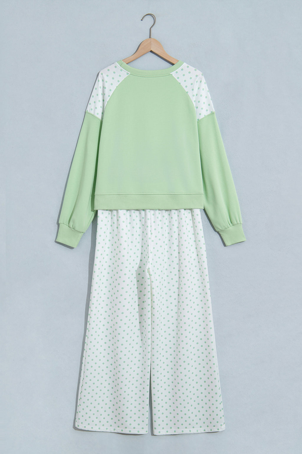 Light Blue Polka Dot Patchwork Colorblock Long Sleeve Casual Two Piece Pants Set
