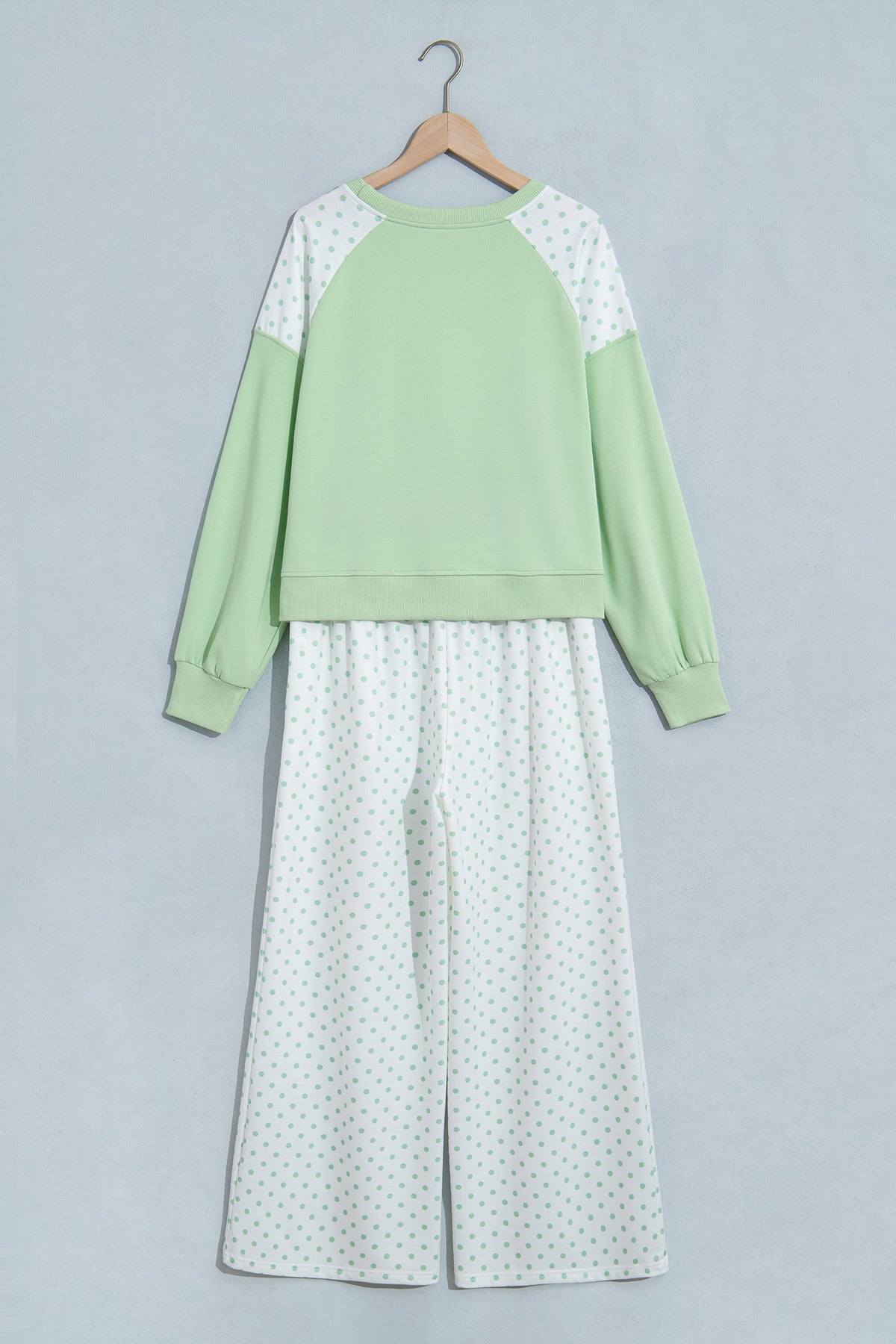Light Blue Polka Dot Patchwork Colorblock Long Sleeve Casual Two Piece Pants Set