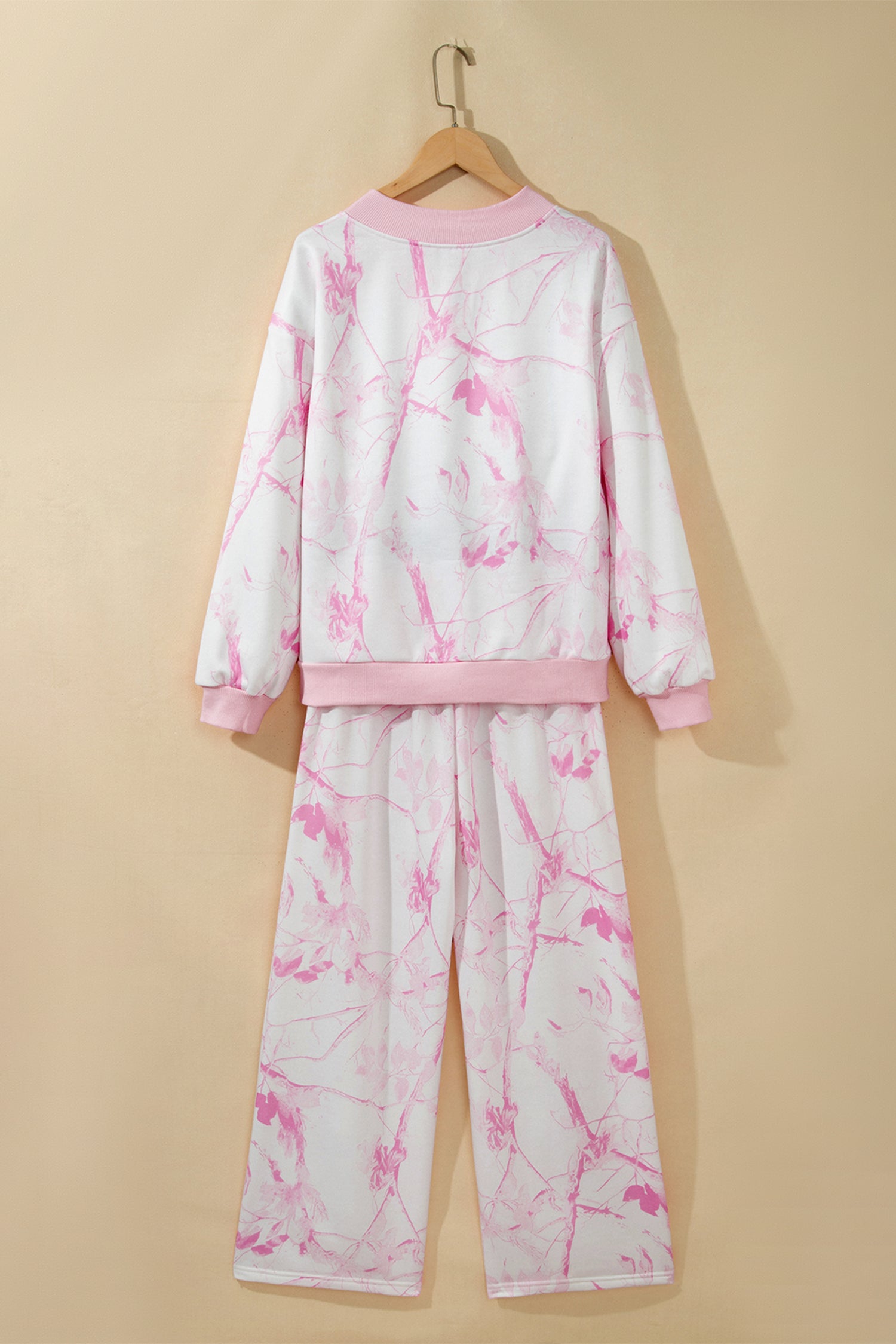 Pink Abstract Plant Print Long Sleeve V Neck Pant Set