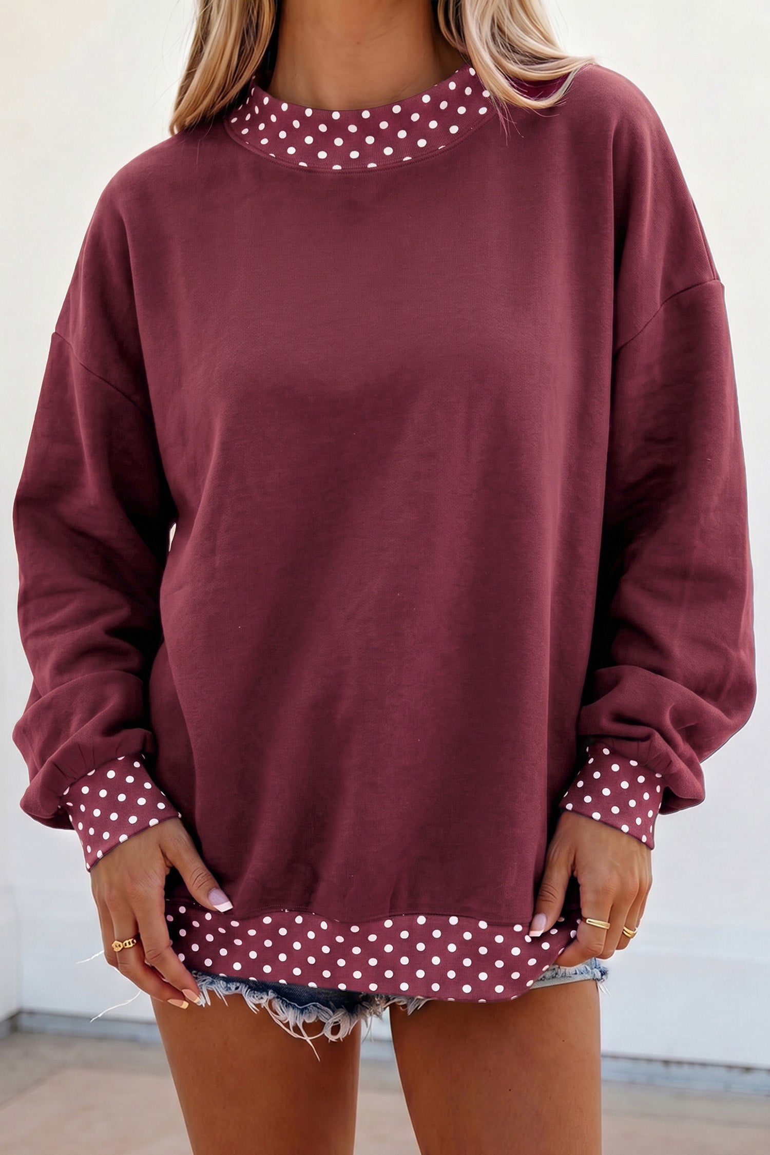 Red Colorblock Polka Dot Contrast Trim Oversized Sweatshirt