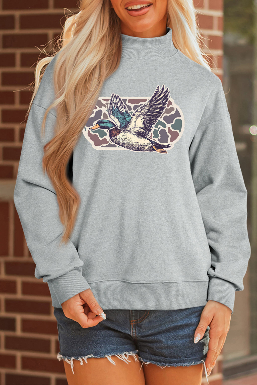 Gray Mallard Duck Camouflage Print Mock Neck Sweatshirt