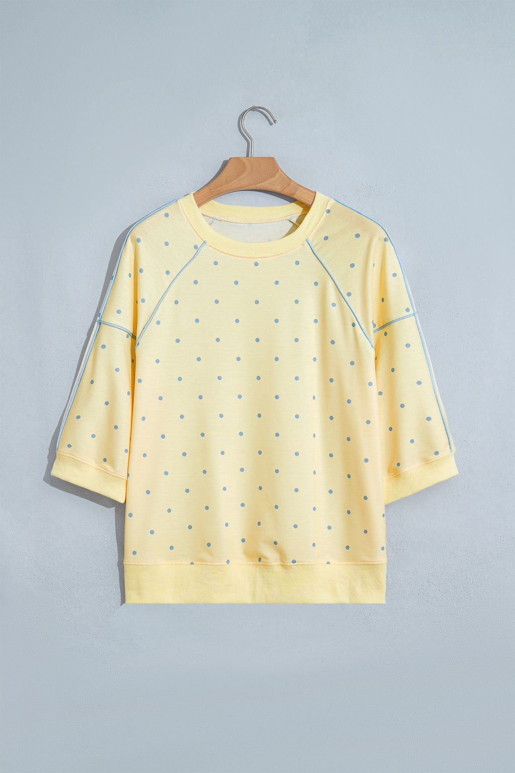 Yellow Polka Dot Print Piping Trim 3/4 Sleeve Relaxed Top