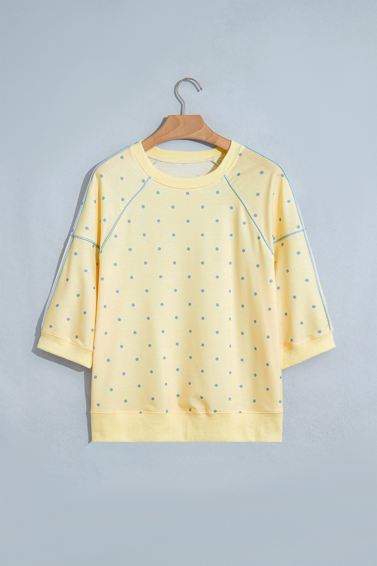 Yellow Polka Dot Print Piping Trim 3/4 Sleeve Relaxed Top