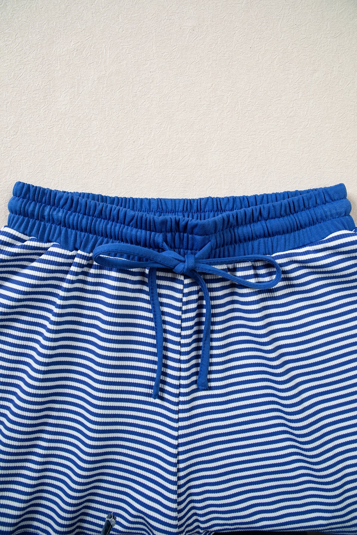 Blue Stripe Oversized Long Sleeve Top Drawstring Loose Shorts 2pcs Set