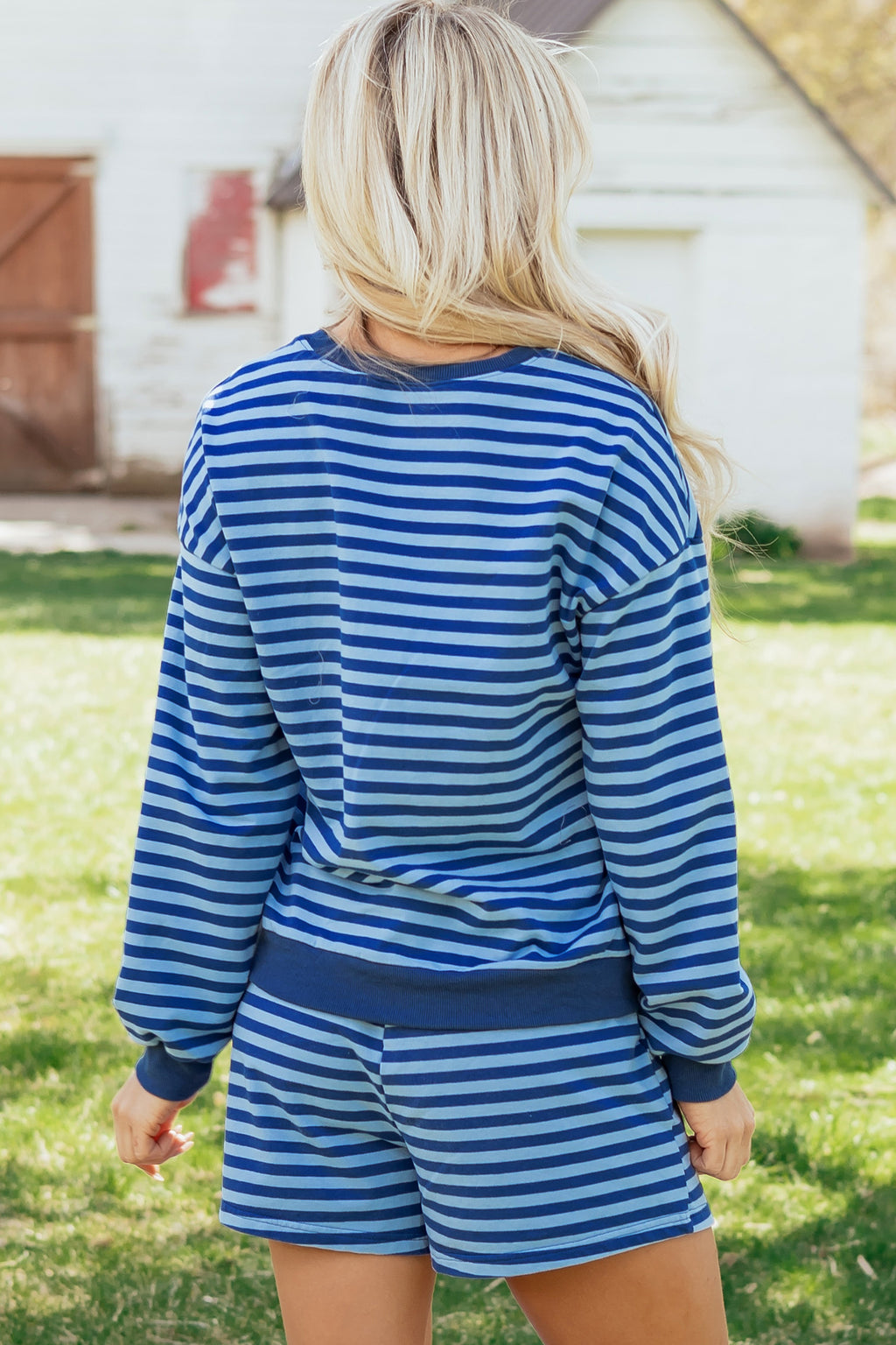 Grapefruit Orange Drop Shoulder Long Sleeve Pullover Elastic Waist Casual Short Set