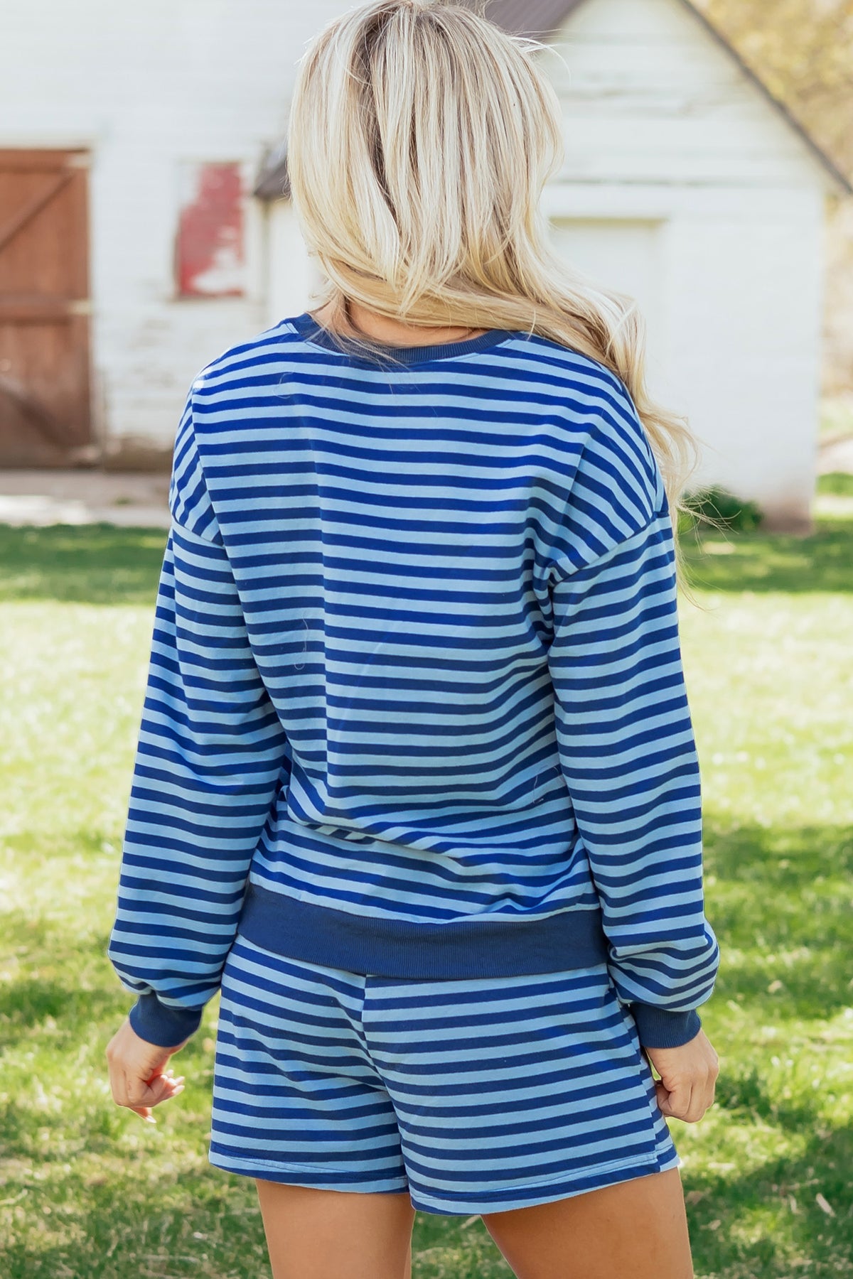 Grapefruit Orange Drop Shoulder Long Sleeve Pullover Elastic Waist Casual Short Set