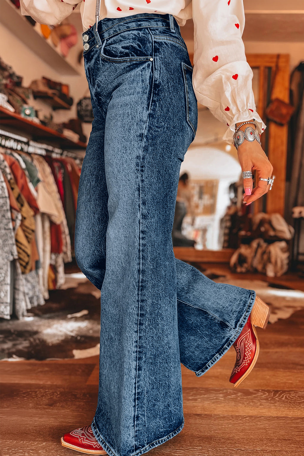 Beau Blue Acid Wash Pocket Detail Flare Jeans
