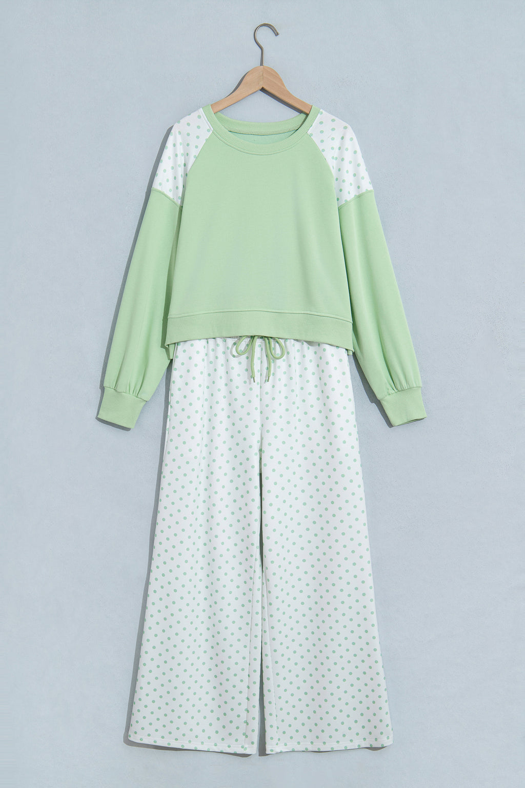 Light Blue Polka Dot Patchwork Colorblock Long Sleeve Casual Two Piece Pants Set