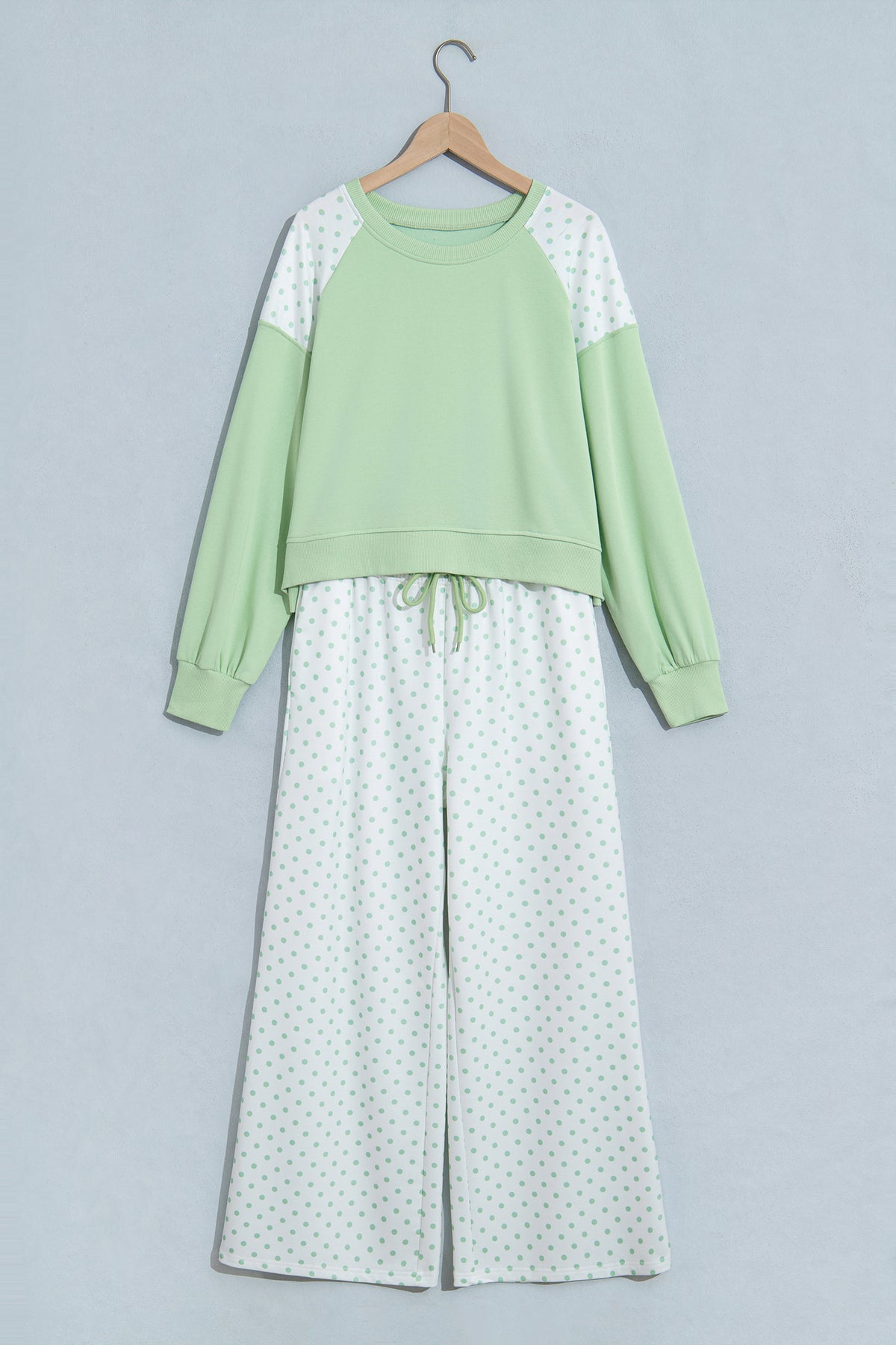 Light Blue Polka Dot Patchwork Colorblock Long Sleeve Casual Two Piece Pants Set