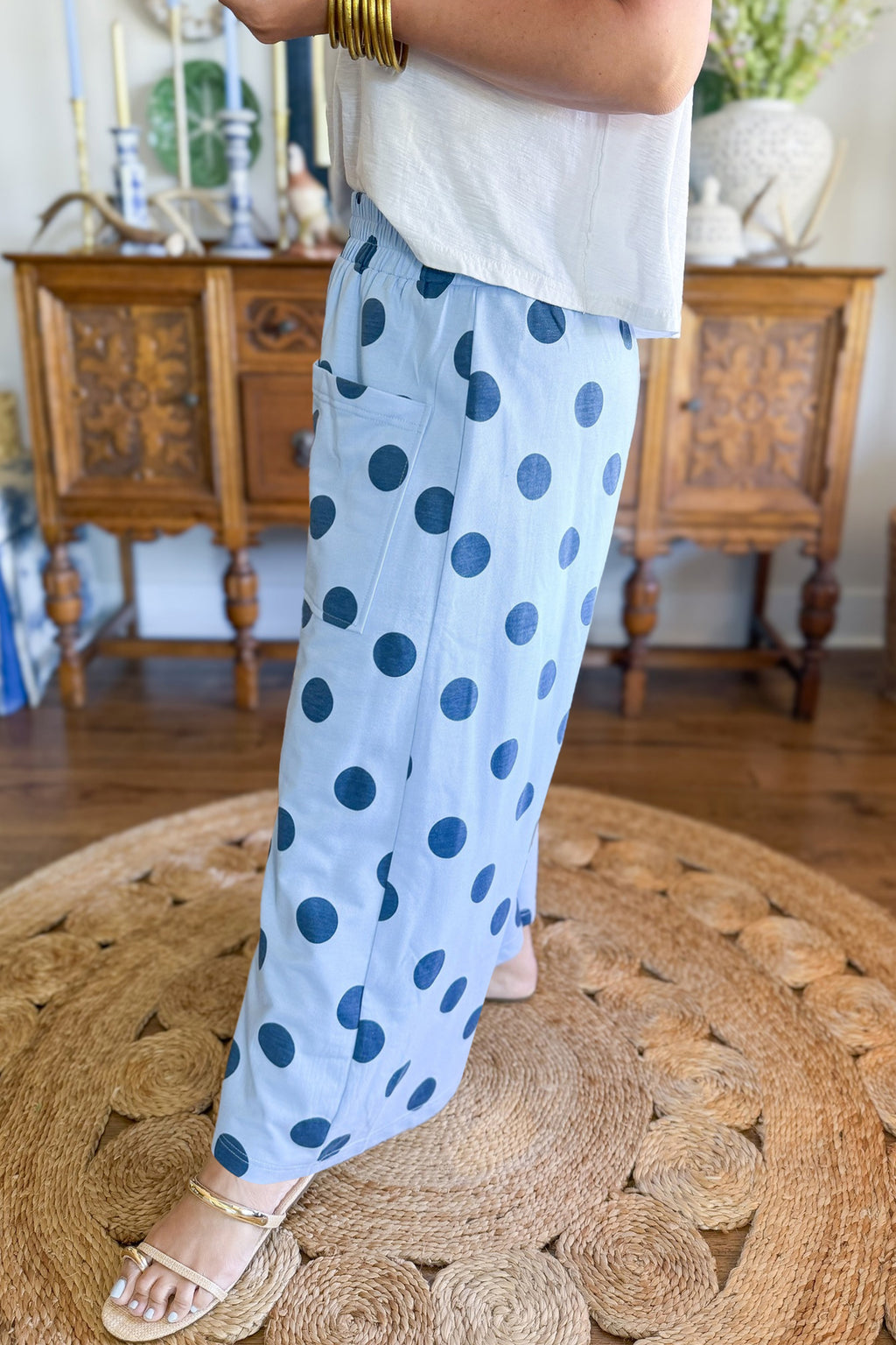 Brown Polka Dot Elastic Waist Wide Leg Plus Size Pants