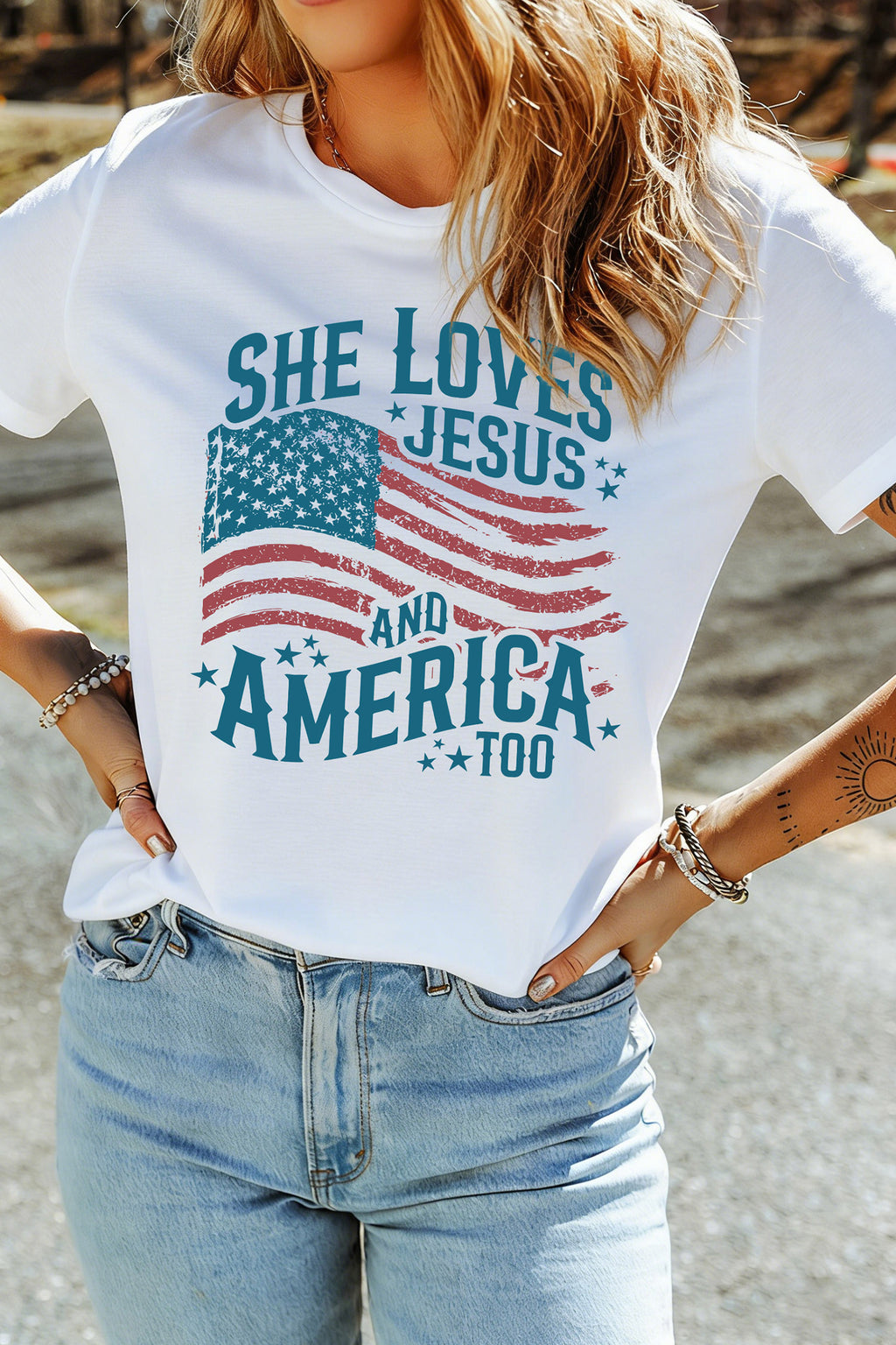 White She Loves Jesus and America Flag Graphic Tee