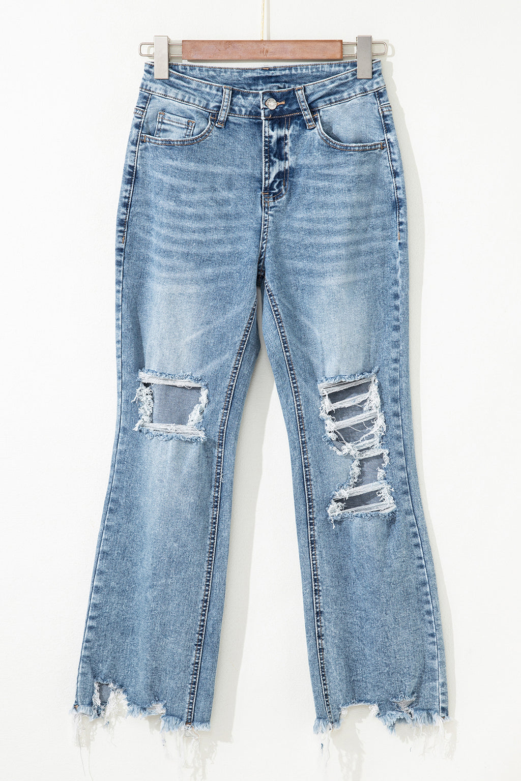Myosotis Raw Hem Ripped Open Knee Fit Flare Jeans