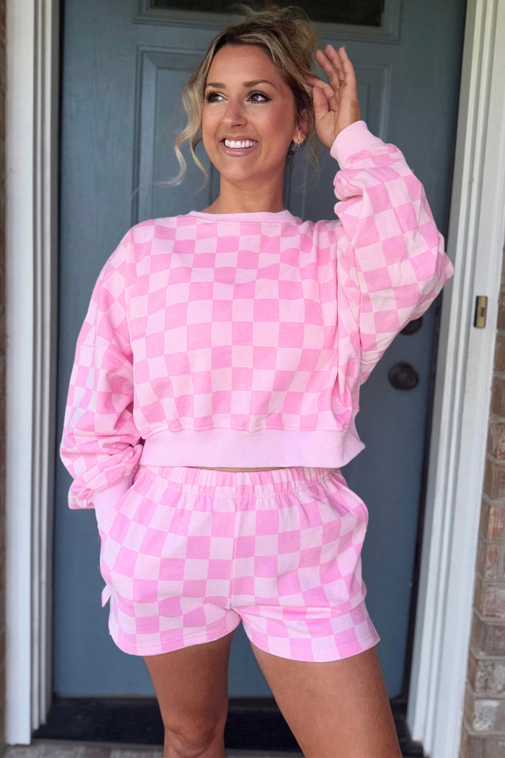 Orange Plaid Checkered Long Sleeve Crop Top Elastic Waist Shorts Two Piece Set