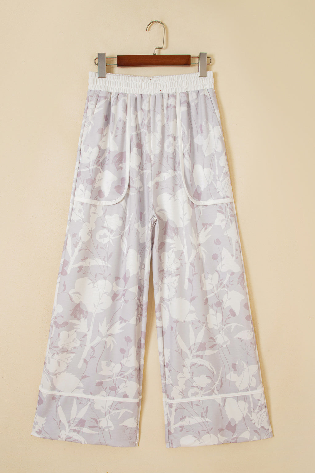 Gray Floral Print Wide Leg Ankle-Length Elastic Waistband Pants