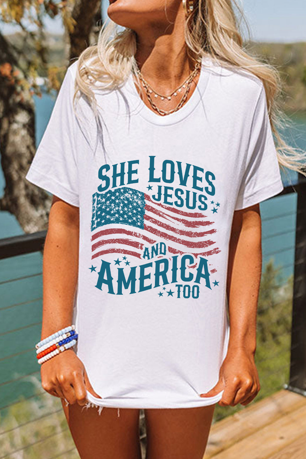 White She Loves Jesus and America Flag Graphic Tee