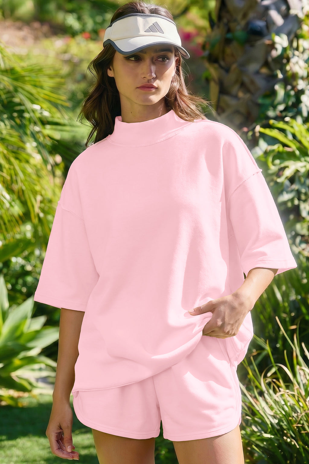 Light Pink Solid Color Exposed Seam Mock Neck Oversize Tee Casual Shorts 2pcs Outfit