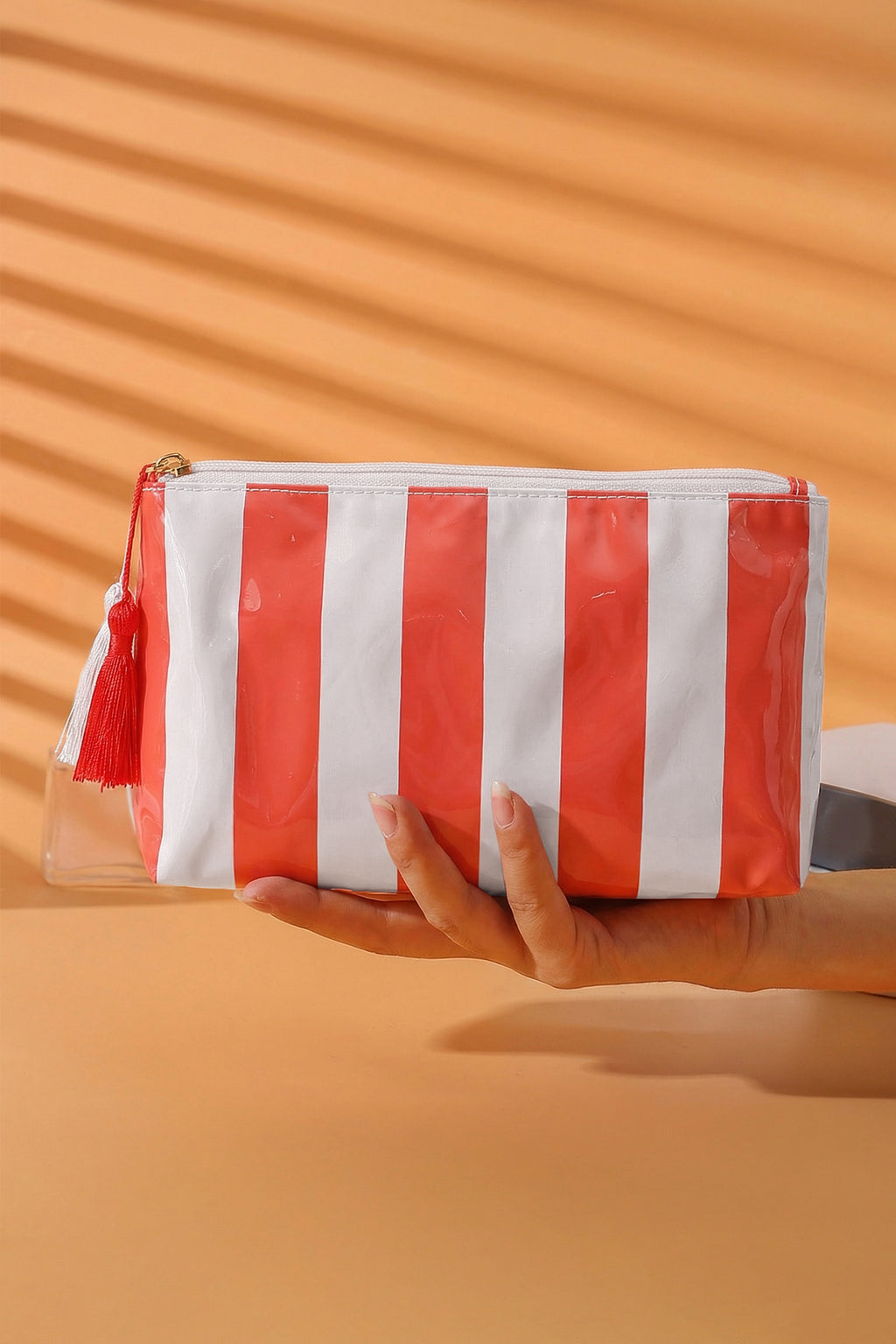 Light Pink Striped Vinyl Waterproof Tassel Zipper Makeup Bag