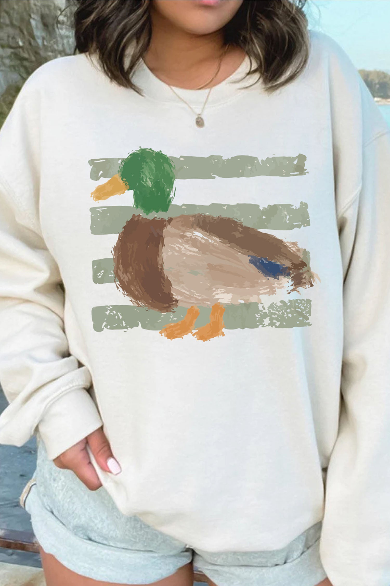 White Western Duck Graphic Casual Pullover Sweatshirt