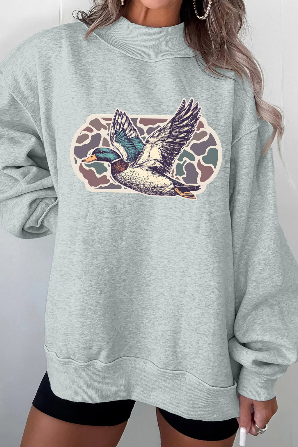 Gray Mallard Duck Camouflage Print Mock Neck Sweatshirt