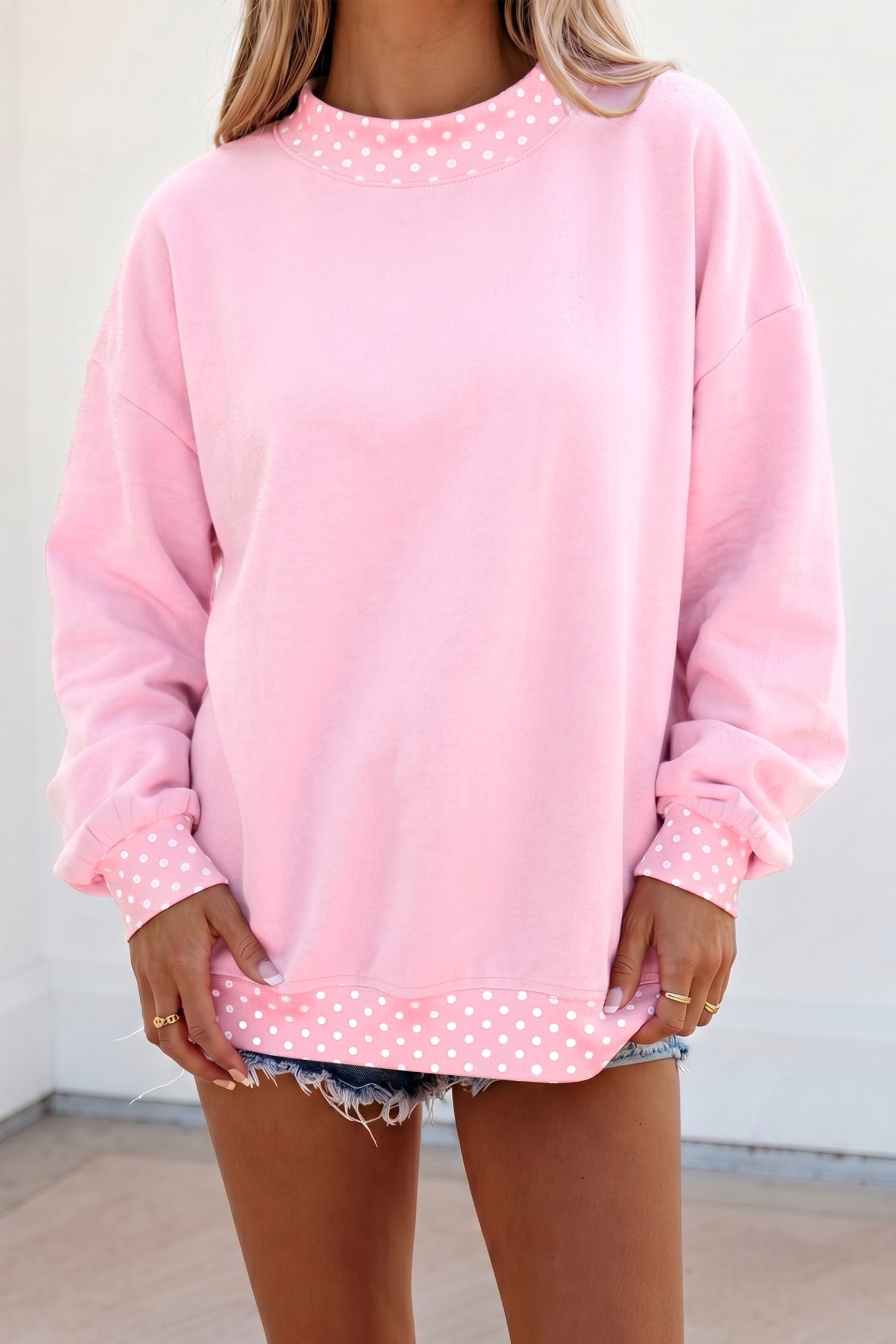 Red Colorblock Polka Dot Contrast Trim Oversized Sweatshirt