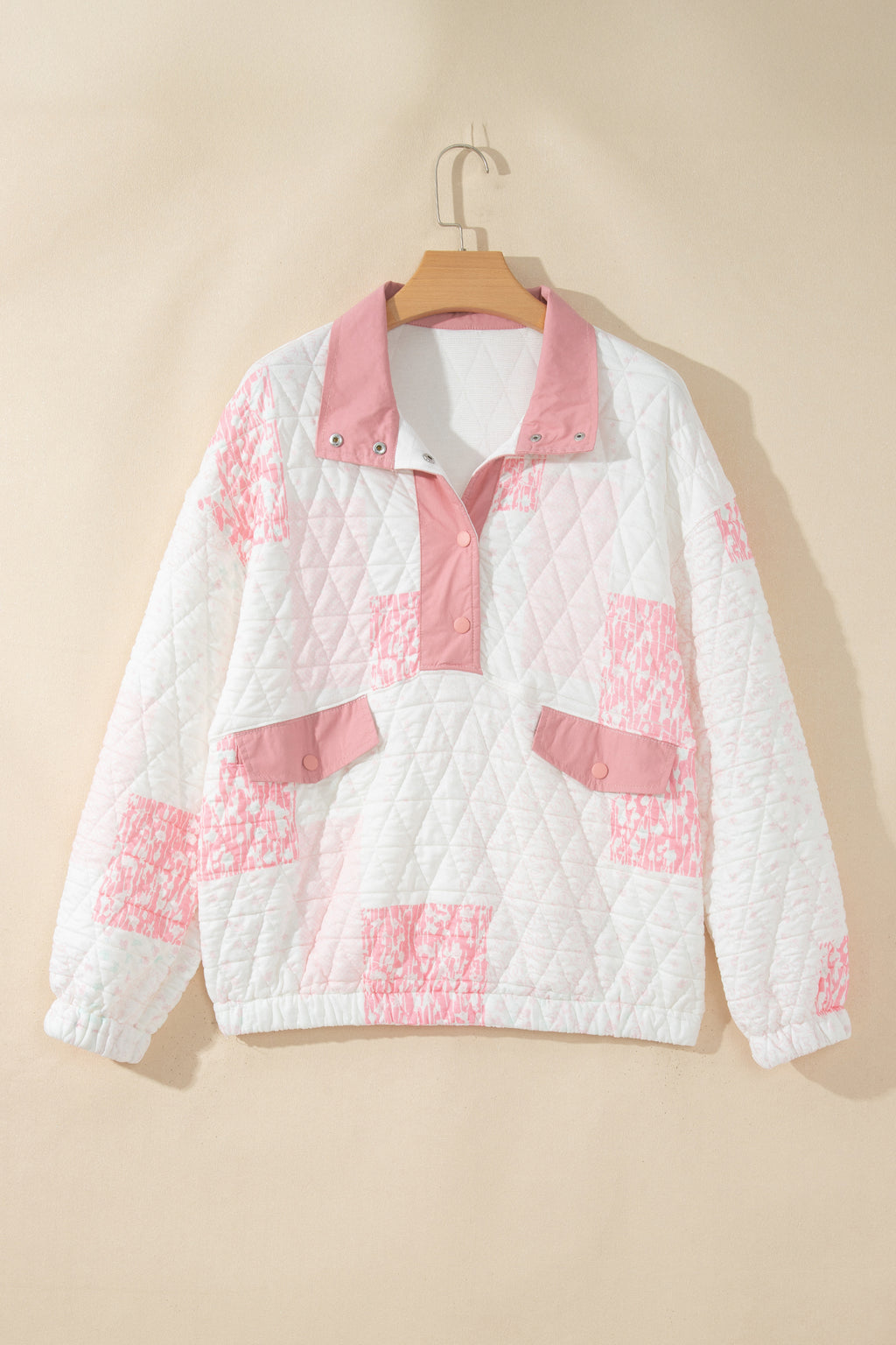 Pink Floral Quilted Half Button Pocketed Pullover Sweatshirt