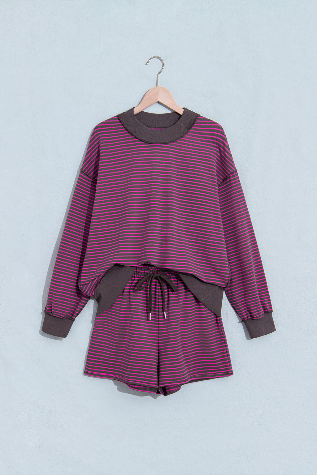 Pink Stripe Ribbed Patchwork Mock Neck Baggy Pullover Matching Shorts Set