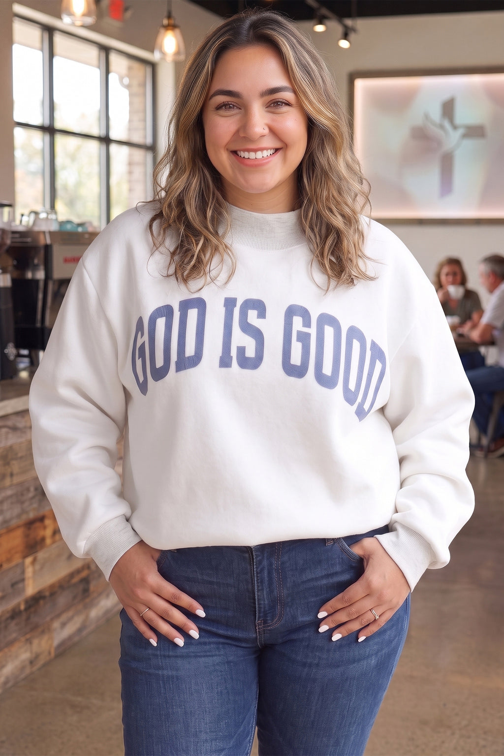 Yellow Jesus Slogan Stand Neck Long Sleeve Oversized Tunic Plus Size Sweatshirt