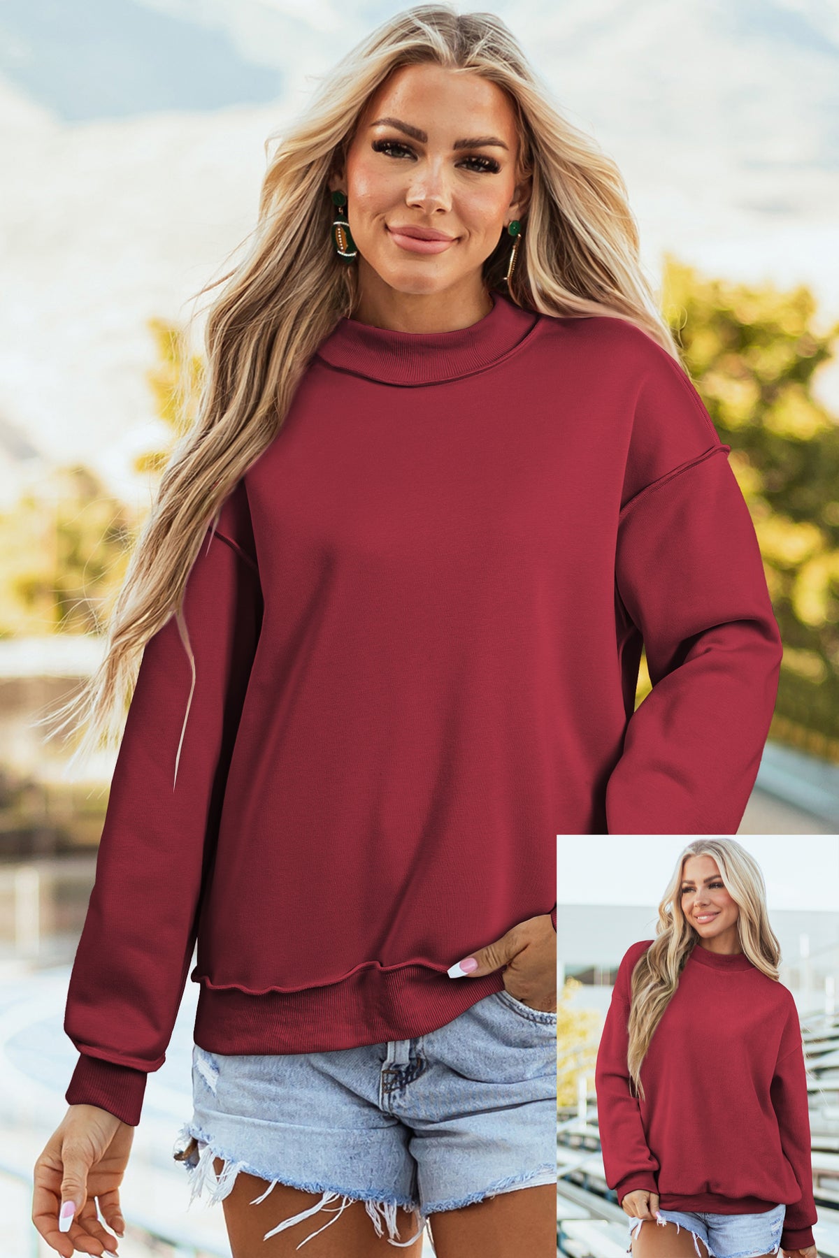 Bluing Oversize Drop Shoulder Reversible Mock Neck Sweatshirt