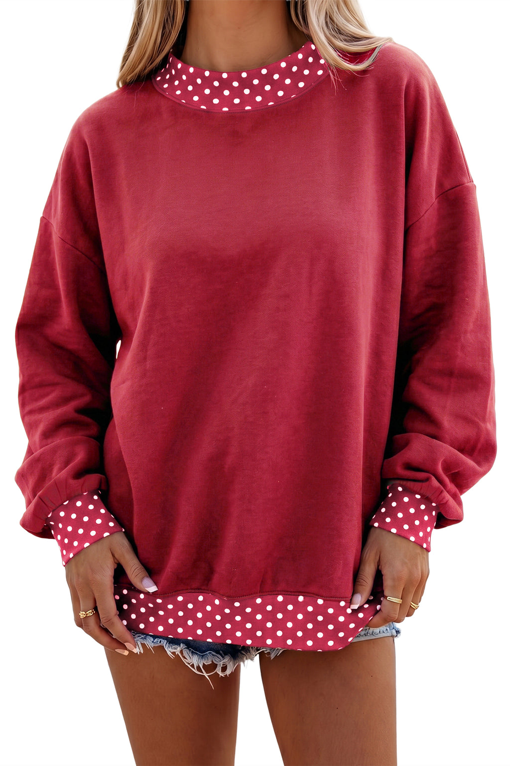 Red Colorblock Polka Dot Contrast Trim Oversized Sweatshirt