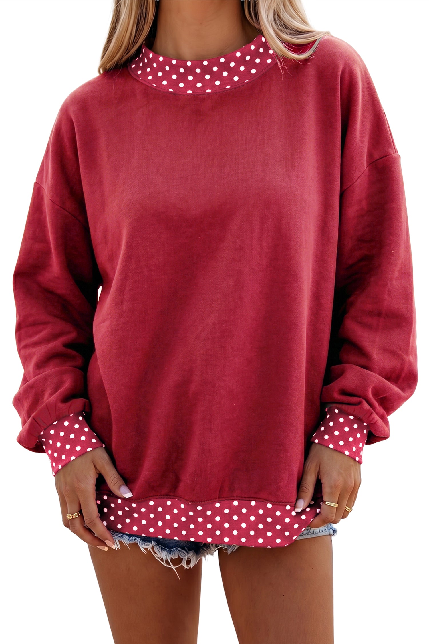 Red Colorblock Polka Dot Contrast Trim Oversized Sweatshirt