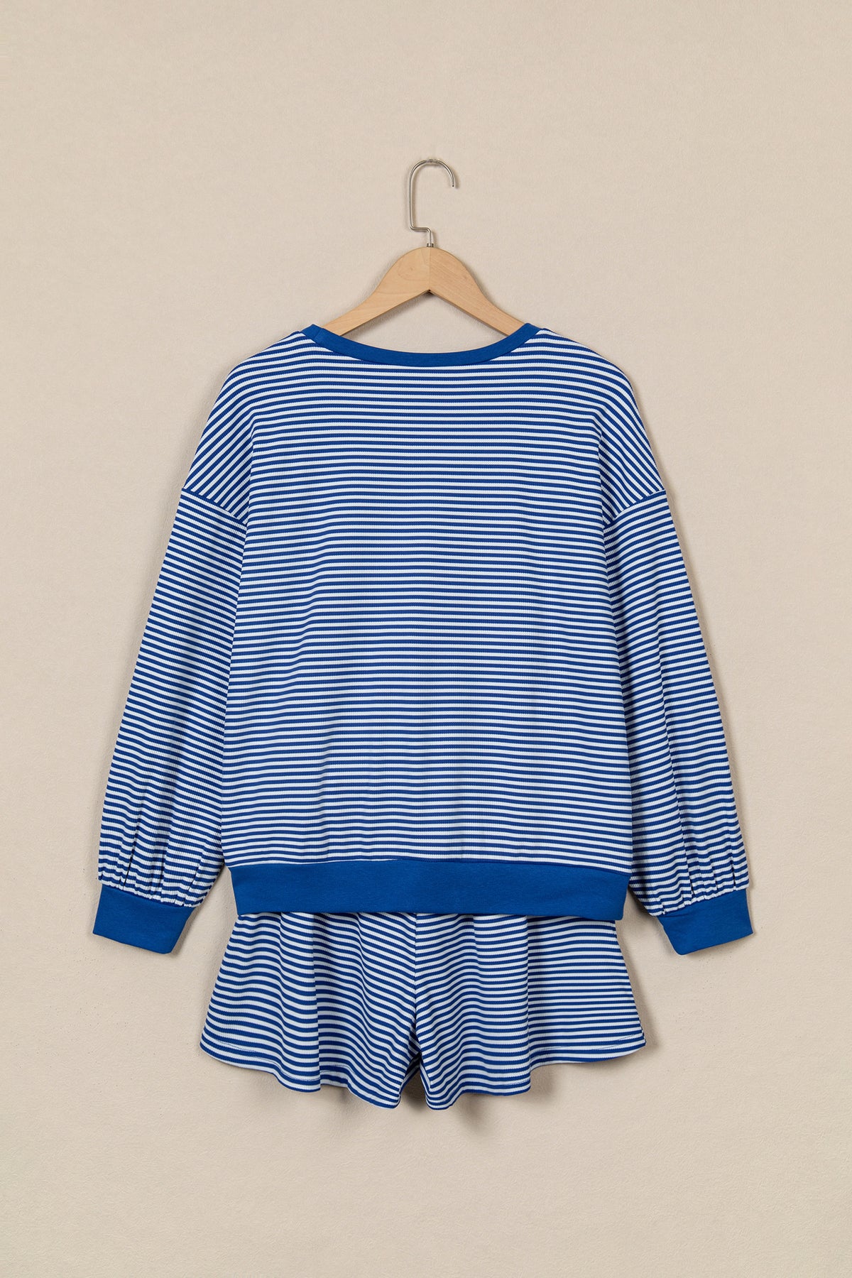 Blue Stripe Oversized Long Sleeve Top Drawstring Loose Shorts 2pcs Set