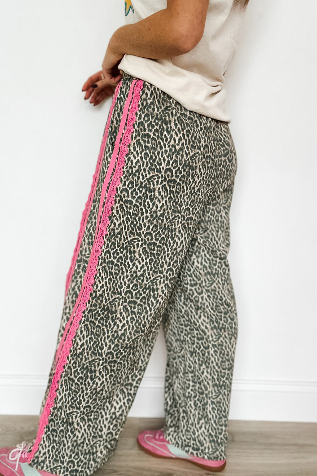 Brown Wild Leopard Print Contrast Lace Striped Detail Drawstring Pants