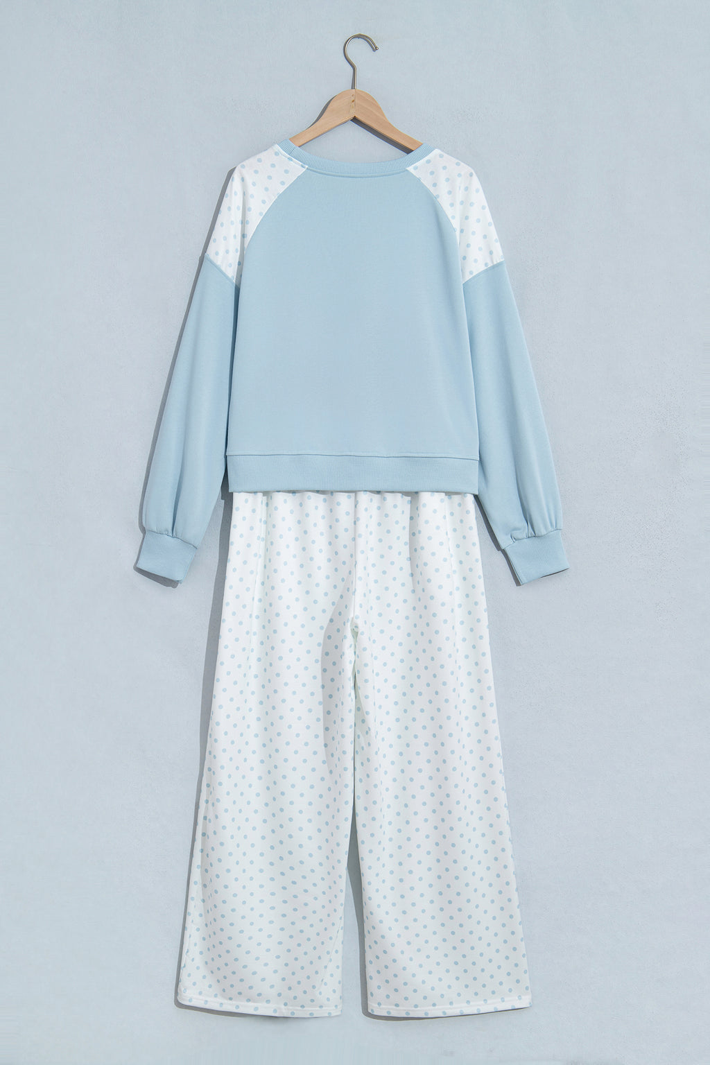 Light Blue Polka Dot Patchwork Colorblock Long Sleeve Casual Two Piece Pants Set