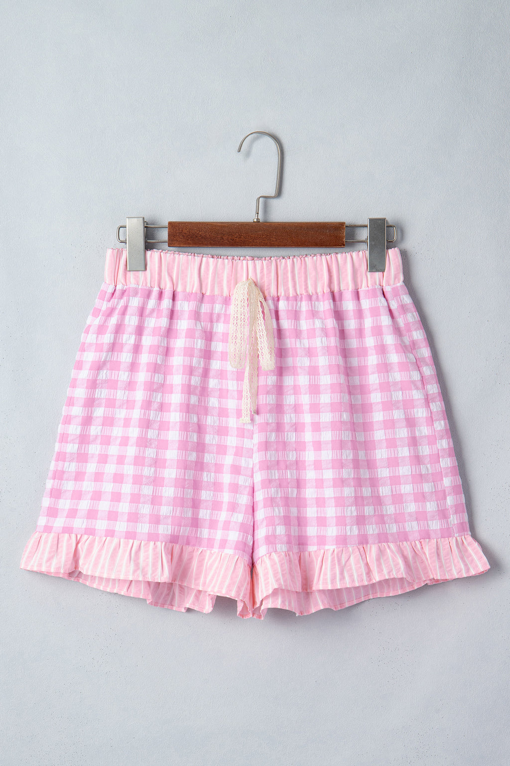 Sky Blue Gingham Print Ruffle Striped Detail Lace Tie Shorts