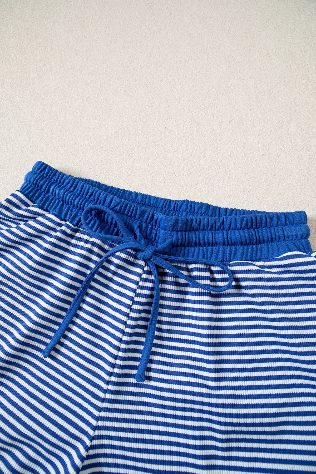 Blue Stripe Oversized Long Sleeve Top Drawstring Loose Shorts 2pcs Set