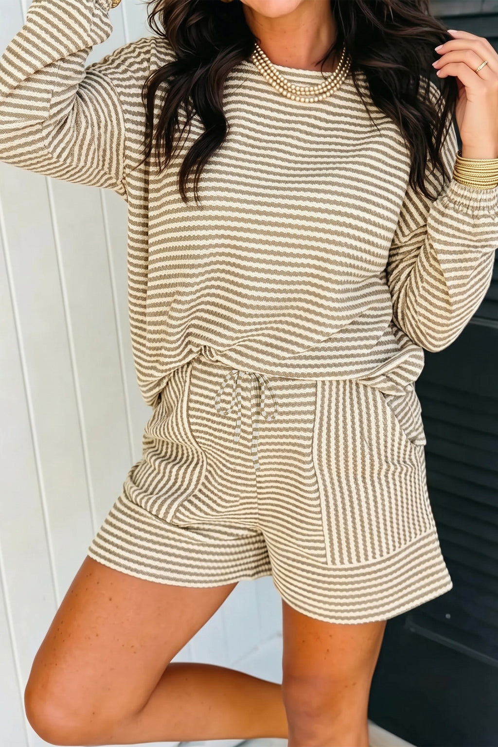 Black Stripe Textured Knit Long Sleeve Top Elastic Waist Shorts Casual Outfit