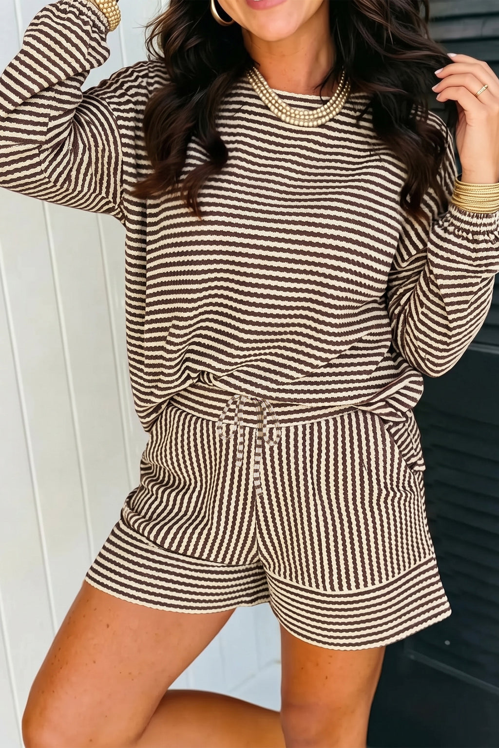 Black Stripe Textured Knit Long Sleeve Top Elastic Waist Shorts Casual Outfit