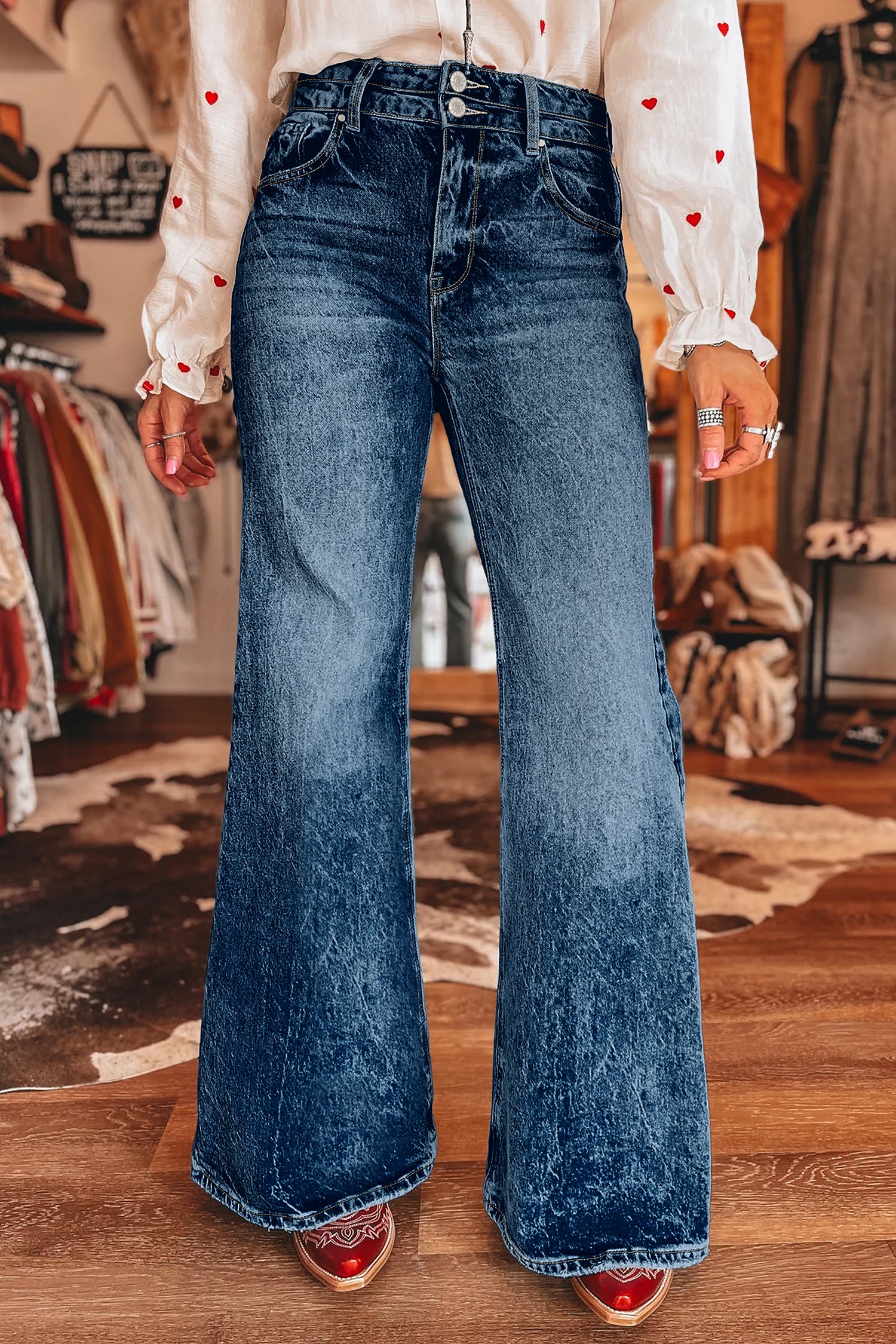 Beau Blue Acid Wash Pocket Detail Flare Jeans