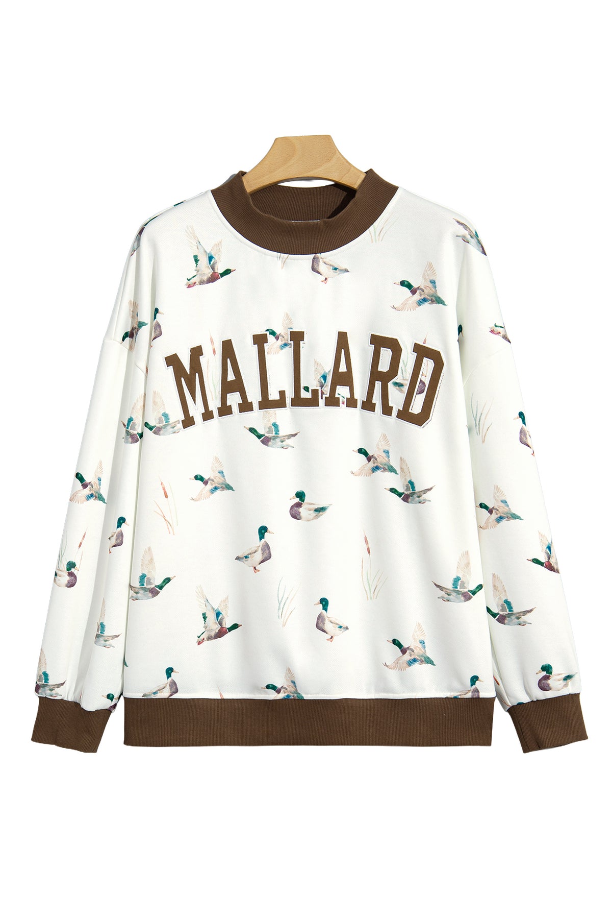 Beige Western Mallard Letter Print Baggy Pullover Sweatshirt