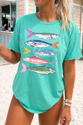 Mint Green Vibrant Fish Print Casual Short Sleeve T Shirt