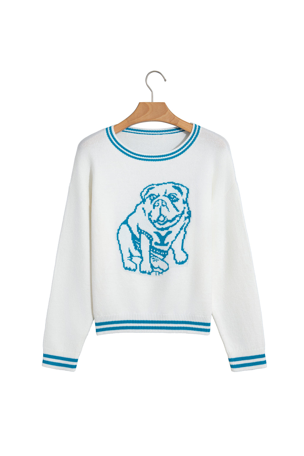 Light Blue Bulldog Contrast Trim Round Neck Casual Sweater
