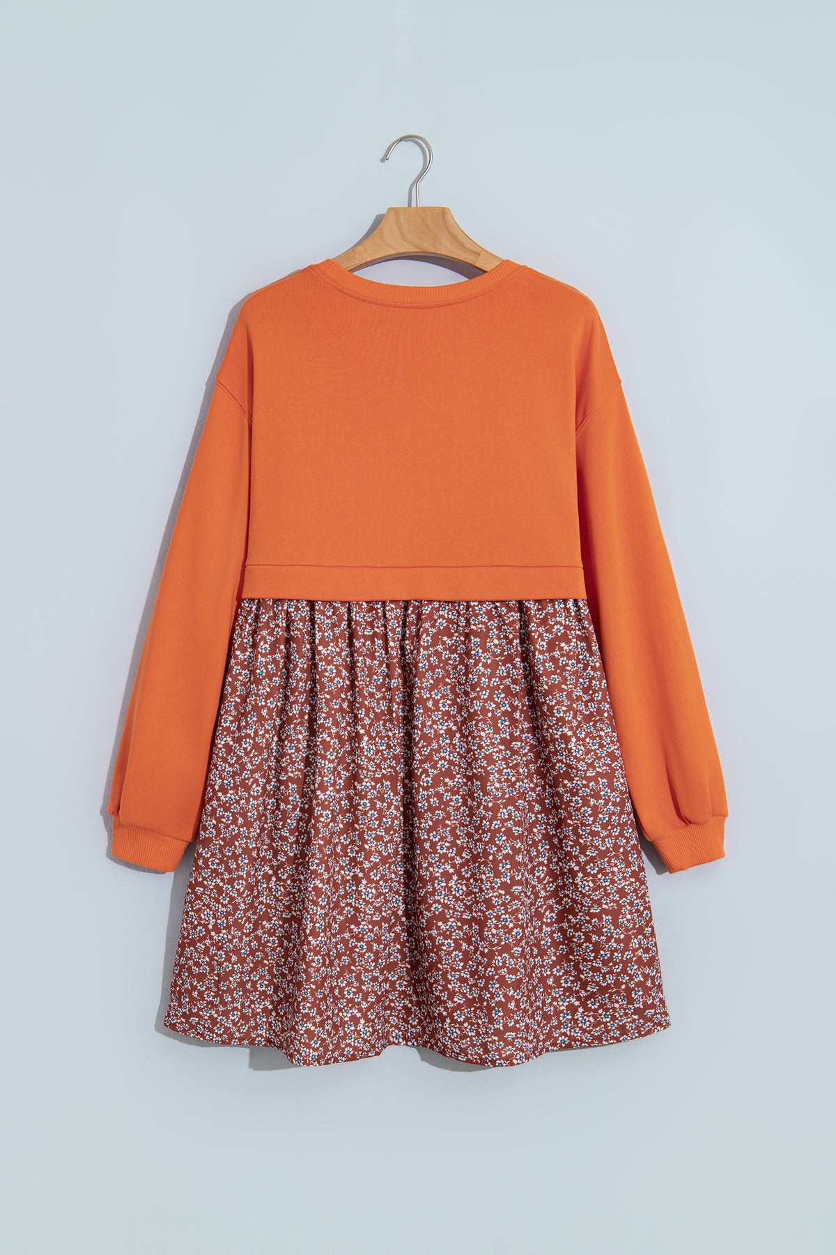 Orange Solid Long Sleeve Top Patchwork Floral Flared 2-in-1 Mini Dress