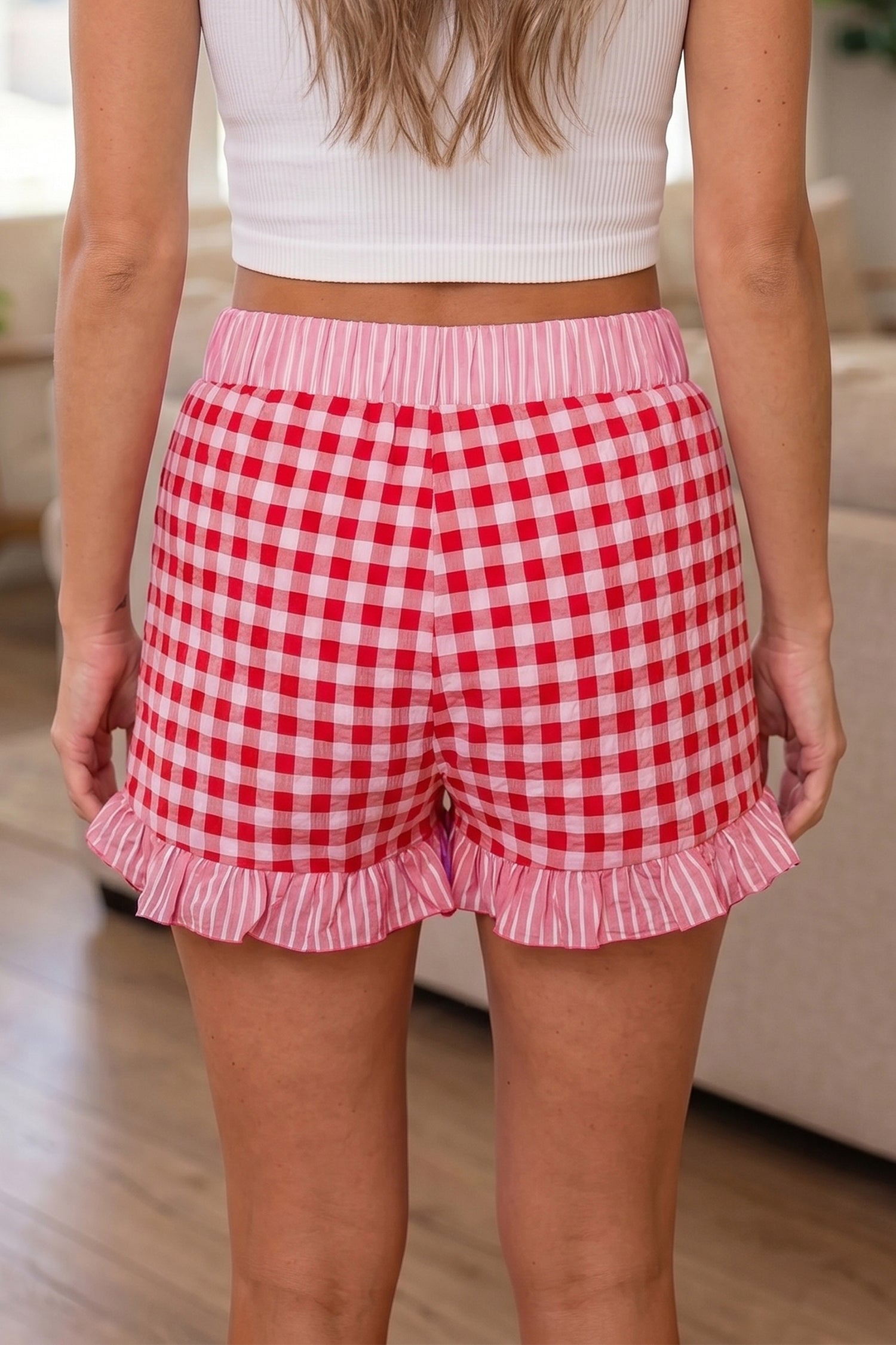 Sky Blue Gingham Print Ruffle Striped Detail Lace Tie Shorts