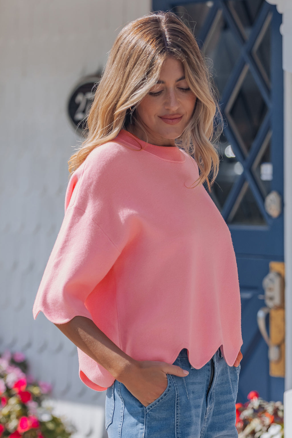 Pink Scalloped Hem 3/4 Sleeve Sweater Top