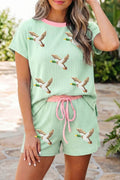 Clearly Aqua Sequin Mallard Print Ribbed 2pcs Casual Short Set
