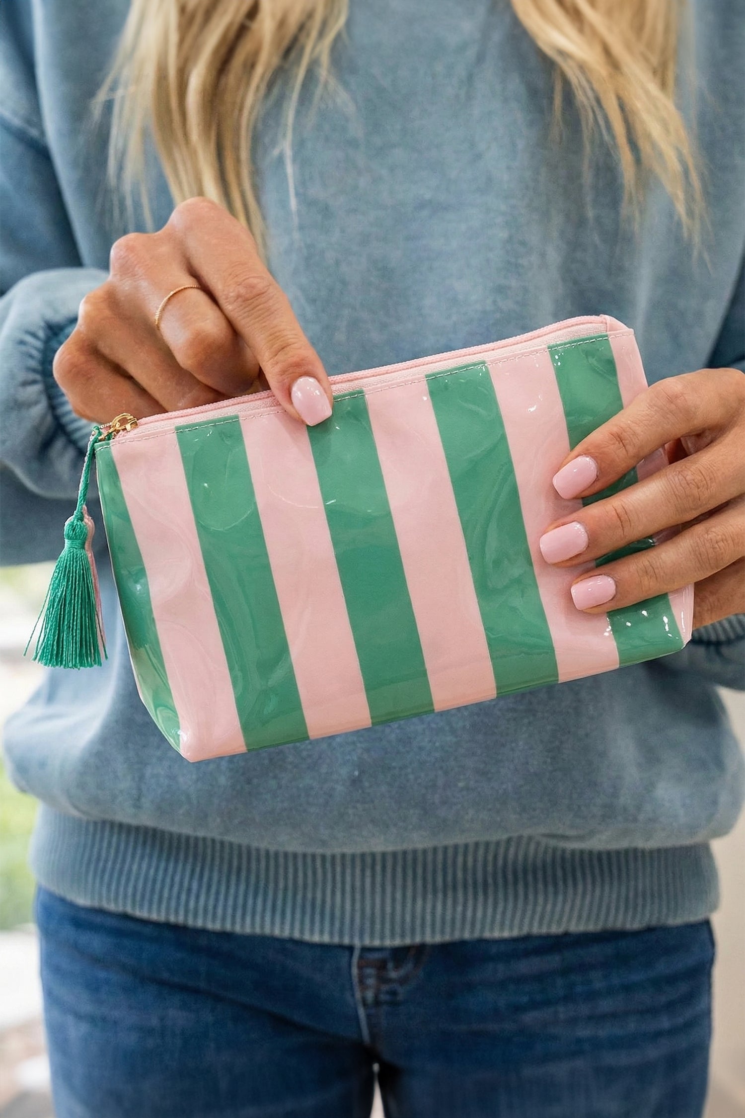 Light Pink Striped Vinyl Waterproof Tassel Zipper Makeup Bag