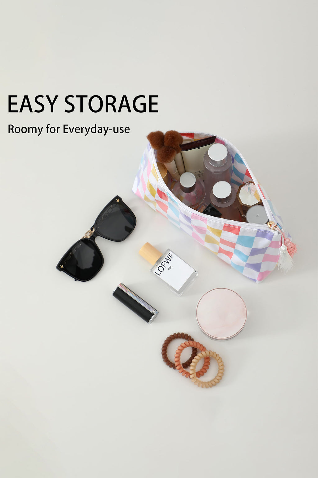 Light Pink Striped Vinyl Waterproof Tassel Zipper Makeup Bag