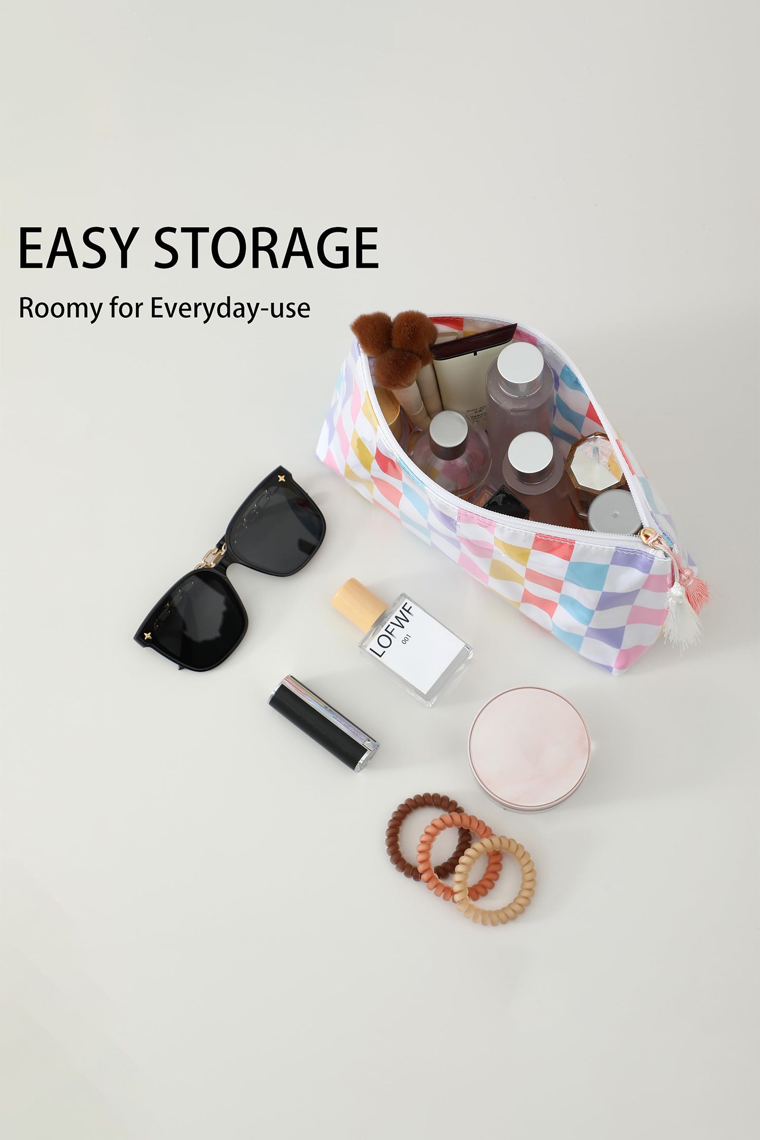 Light Pink Striped Vinyl Waterproof Tassel Zipper Makeup Bag