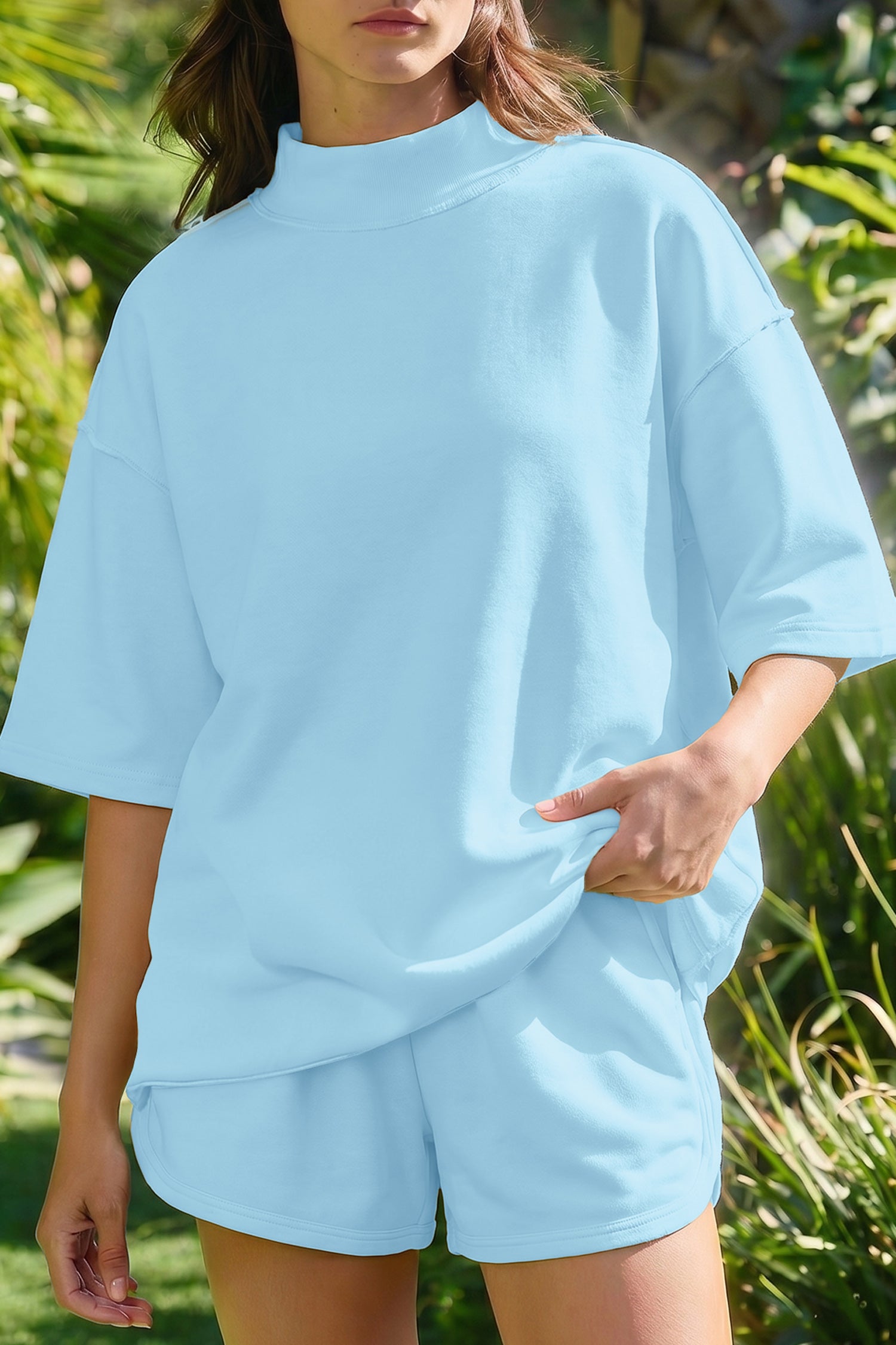 Light Pink Solid Color Exposed Seam Mock Neck Oversize Tee Casual Shorts 2pcs Outfit