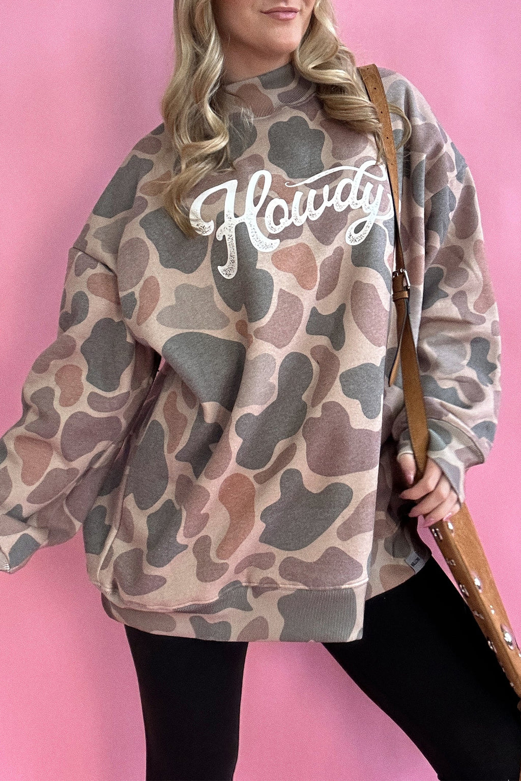 Pink Camo Print Howdy Western Style Baggy Pullover Sweatshirt